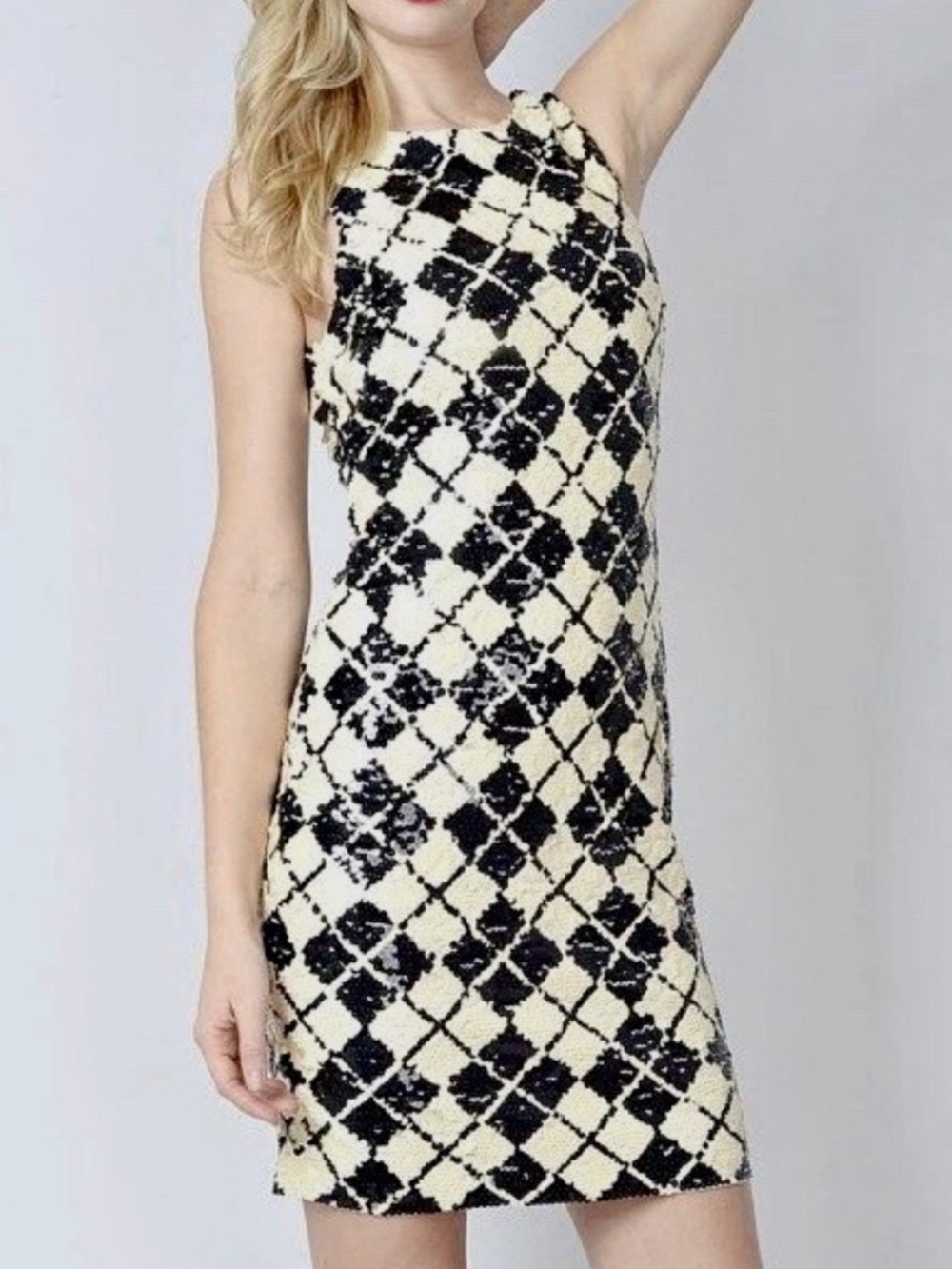 Vintage Oleg Cassini BLACKTIE Size 8 Black Cream Sequin Harlequin Cocktail Dress